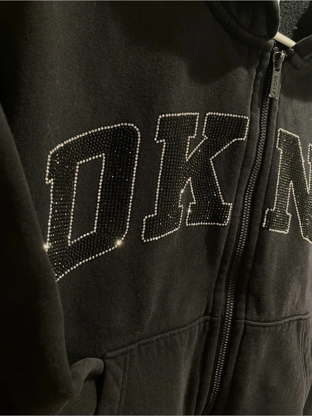 DKNY Sport Women's Black Full Zip Hoodie Logo Rhinestone Fleece M - Picture 3 of 5